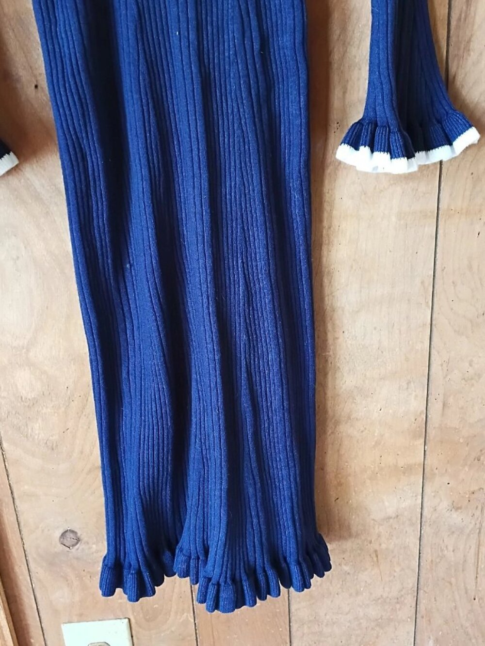 Vintage Ribbed Knit Sailor Dress Blue White Size L Bell Sleeve midi - Picture 6 of 6